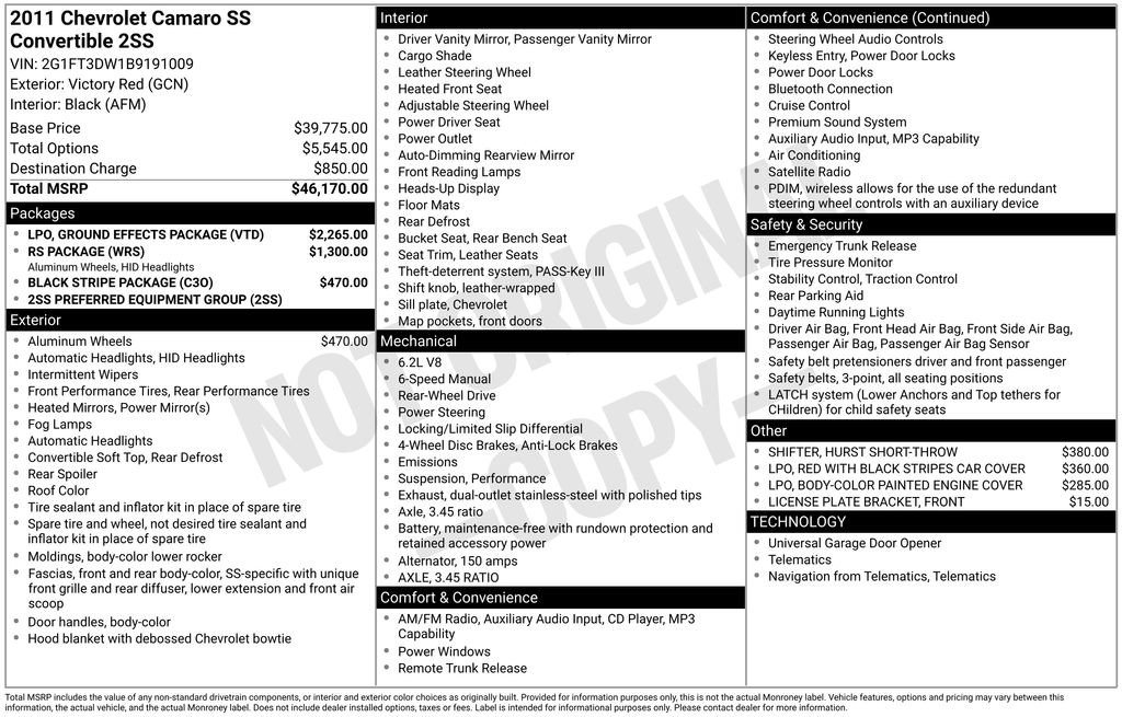Used 2011 Chevrolet Camaro SS w/ LPO, Ground Effects Package RWD image 3