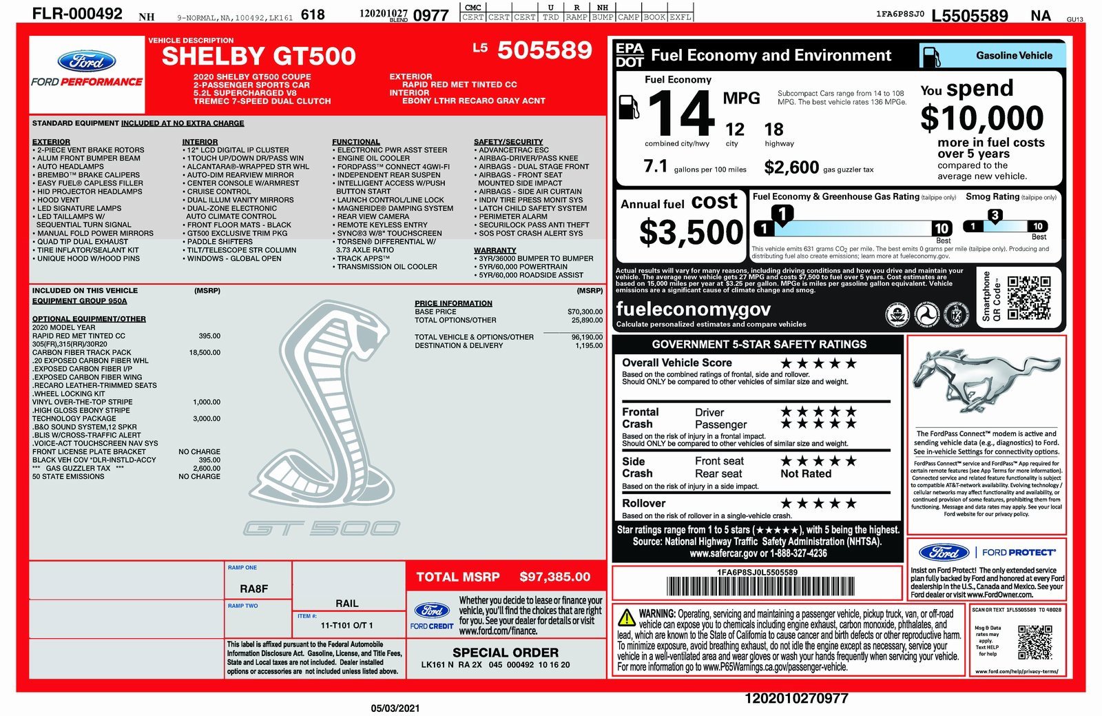Used 2020 Ford Mustang Shelby GT500 w/ Carbon Fiber Track Pack image 71