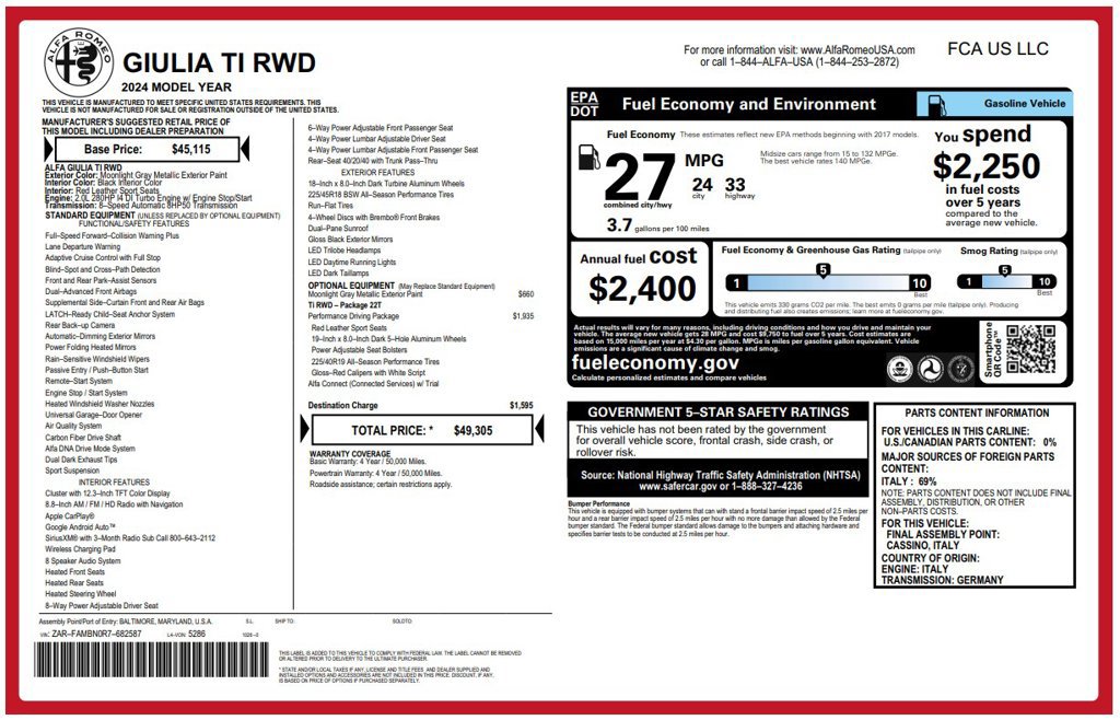 Used 2024 Alfa Romeo Giulia Ti w/ Performance Driving Package RWD image 3