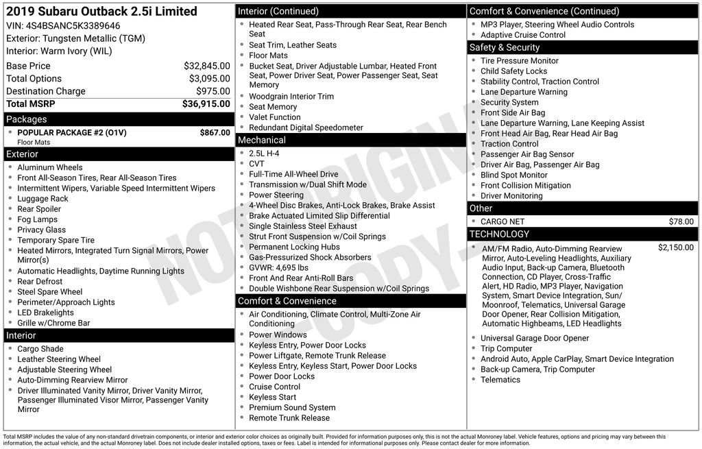 Used 2019 Subaru Outback 2.5i Limited w/ Popular Package #2 image 29