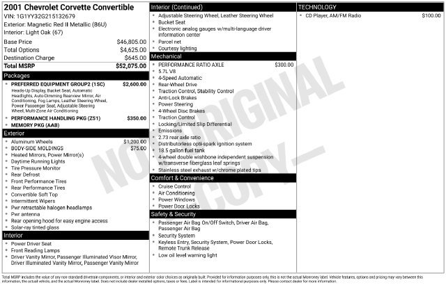 Used 2001 Chevrolet Corvette Convertible w/ Preferred Equipment Group2 RWD image 59