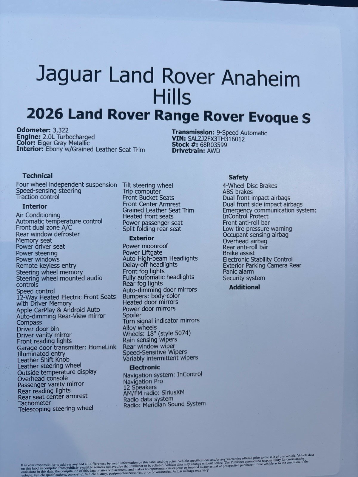 Used 2026 Land Rover Range Rover Evoque S AWD/4WD image 10