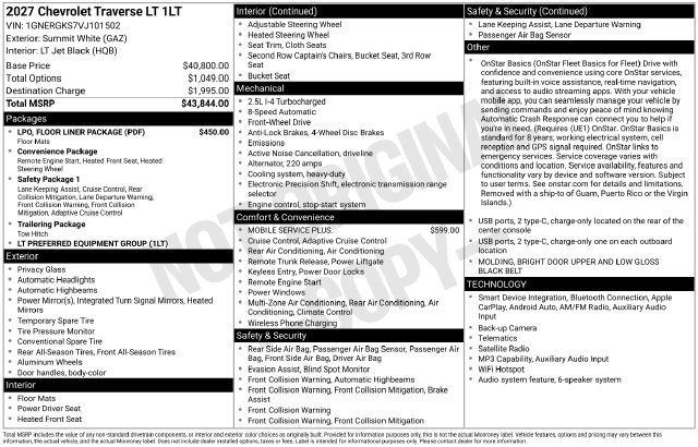 New 2027 Chevrolet Traverse LT w/ LPO, Floor Liner Package FWD image 4