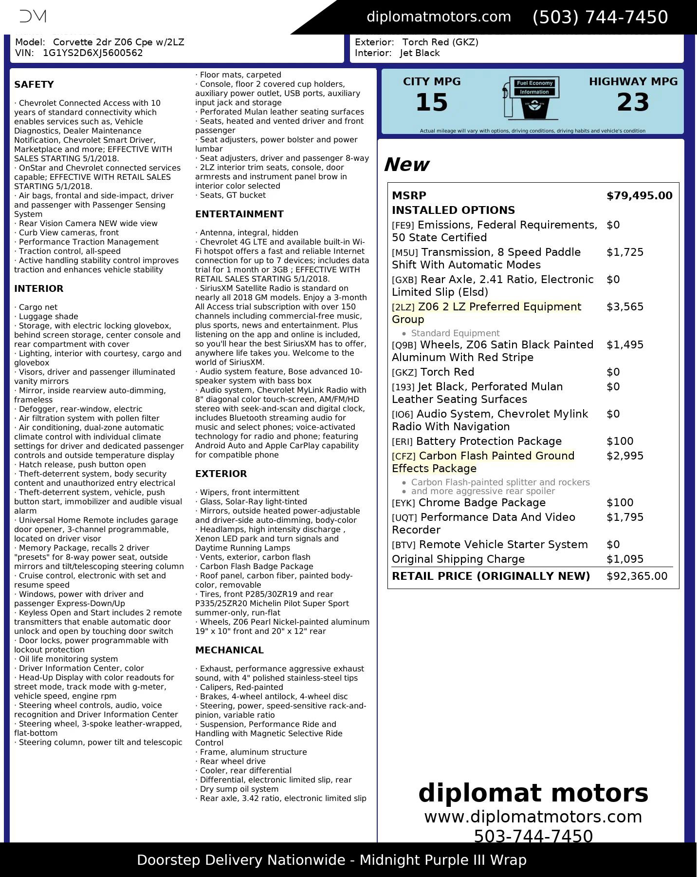 Used 2018 Chevrolet Corvette Z06 image 2