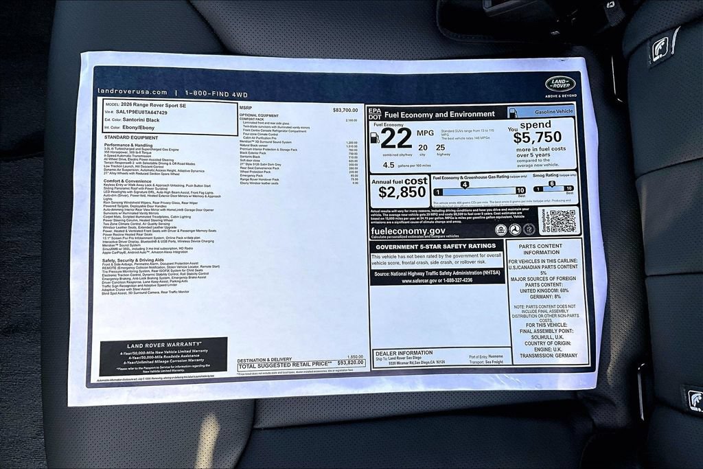 New 2026 Land Rover Range Rover Sport SE AWD/4WD image 14