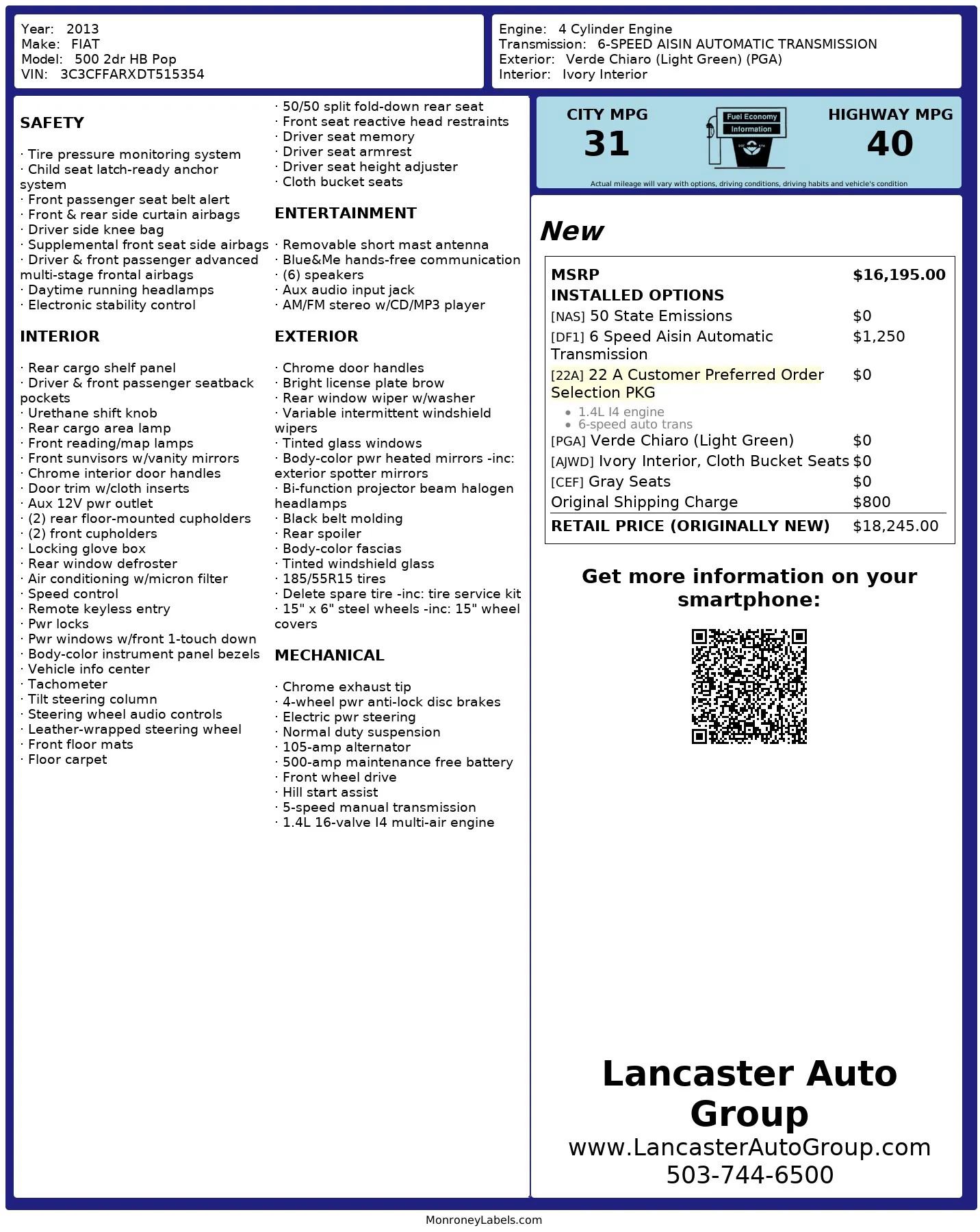 Used 2013 FIAT 500 Pop FWD image 2