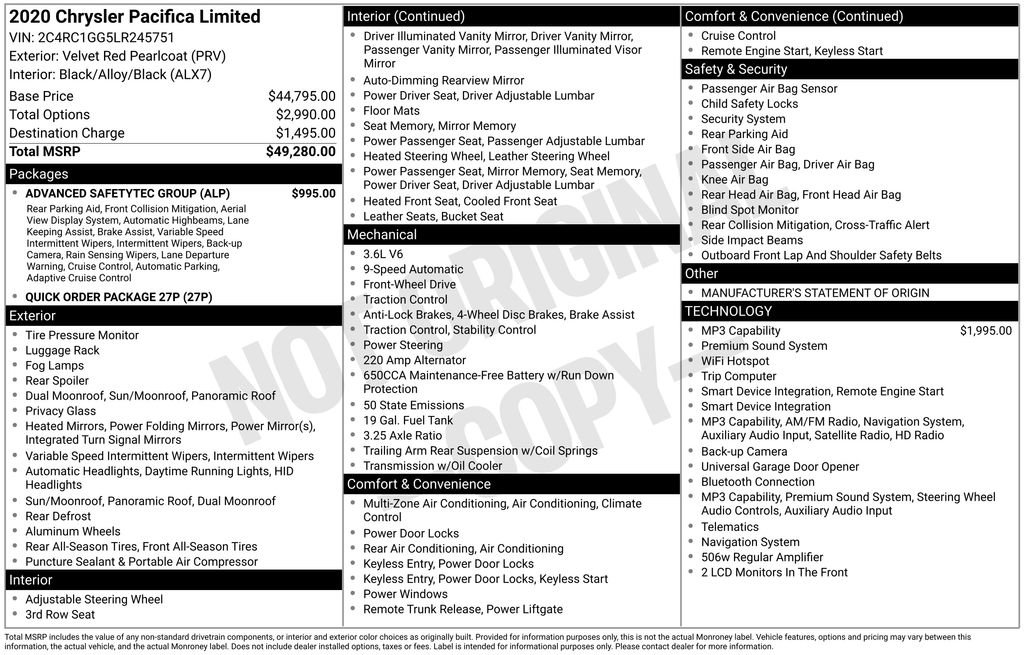 Used 2020 Chrysler Pacifica Limited w/ Advanced Safetytec Group FWD image 6