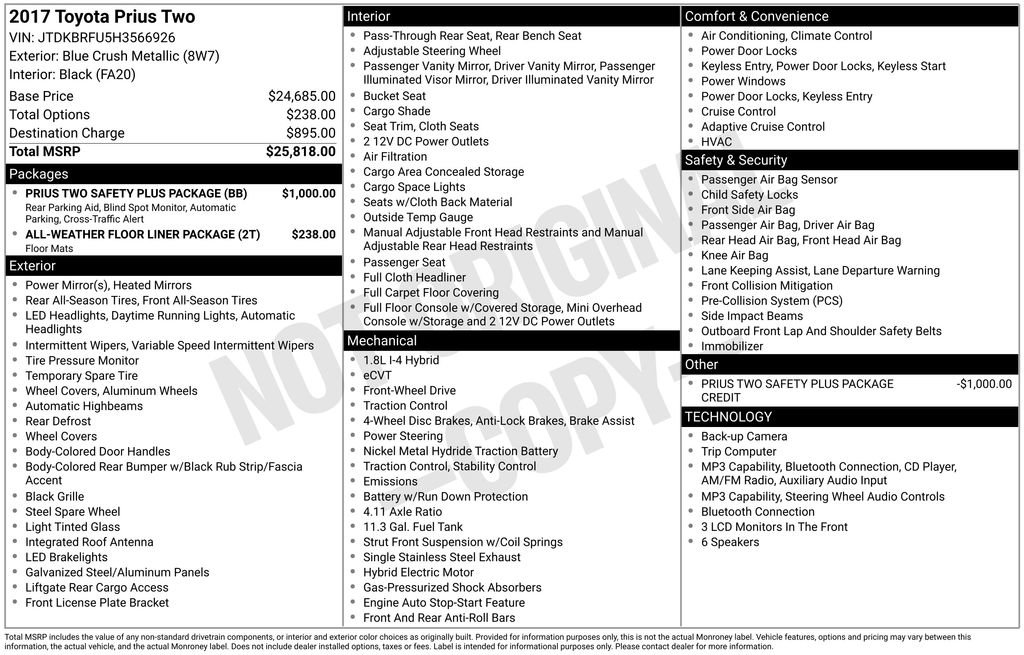 Used 2017 Toyota Prius Two w/ Prius Two Safety Plus Package FWD image 9