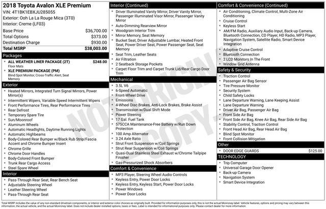 Used 2018 Toyota Avalon XLE Premium w/ All Weather Liner Package image 5