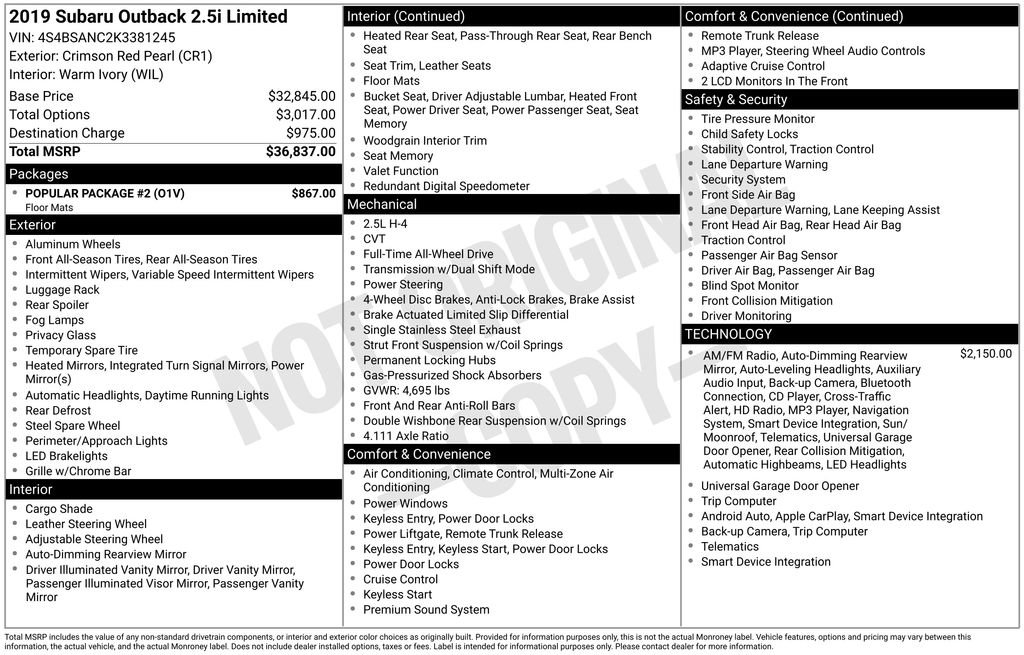 Used 2019 Subaru Outback 2.5i Limited w/ Popular Package #2 image 30