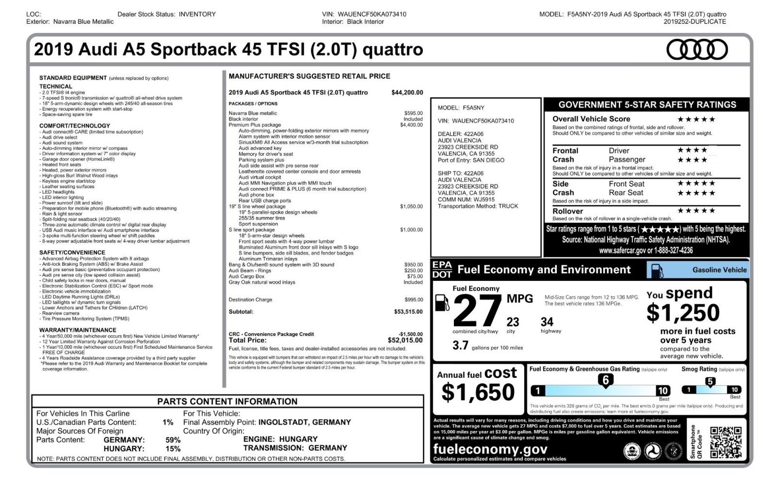 Used 2019 Audi A5 2.0T Premium Plus w/ Premium Plus AWD/4WD image 2