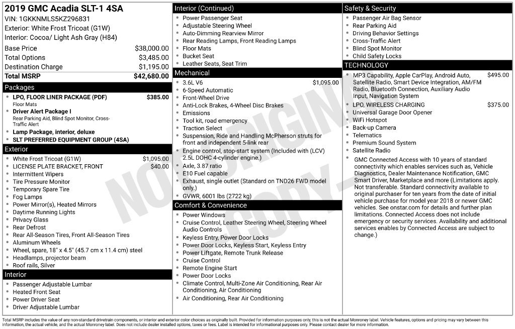 Used 2019 GMC Acadia SLT w/ LPO, Floor Liner Package FWD image 4