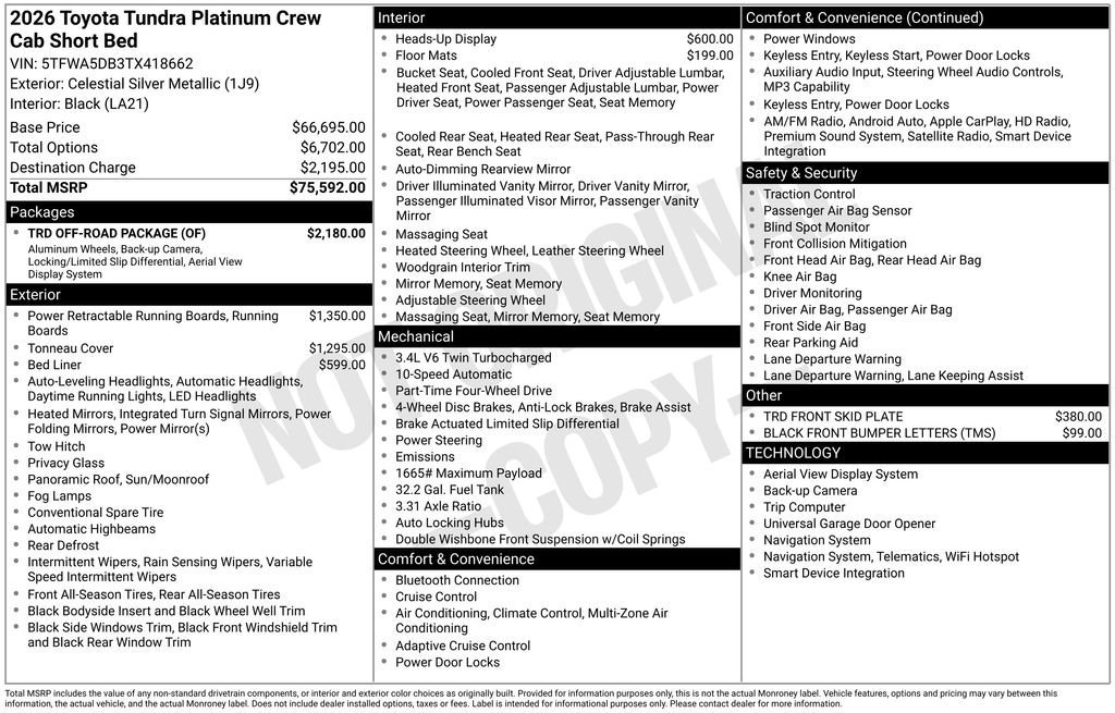 New 2026 Toyota Tundra Platinum w/ TRD Off-Road Package AWD/4WD image 7