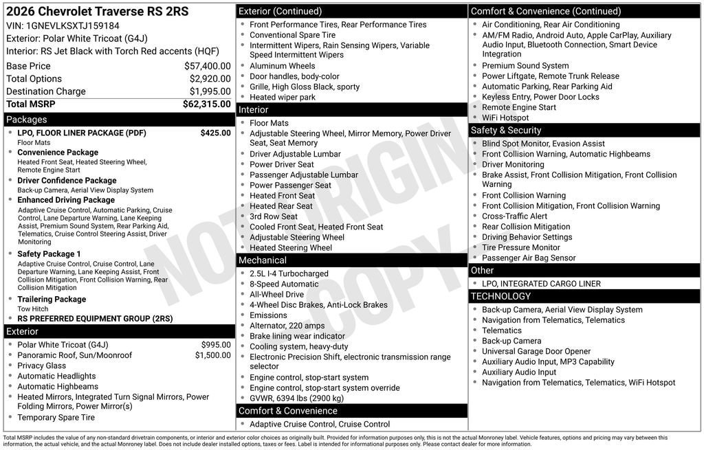 Certified 2026 Chevrolet Traverse RS w/ LPO, Floor Liner Package AWD/4WD image 11