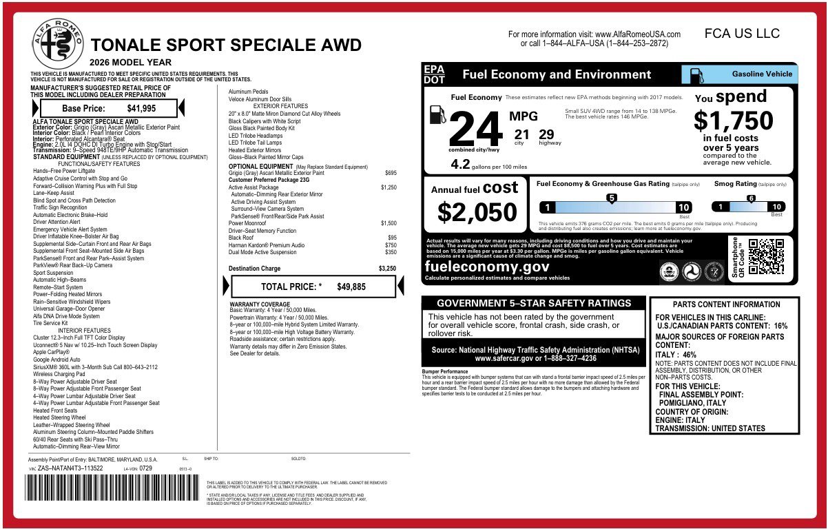 New 2026 Alfa Romeo Tonale w/ Active Assist Package AWD/4WD image 1