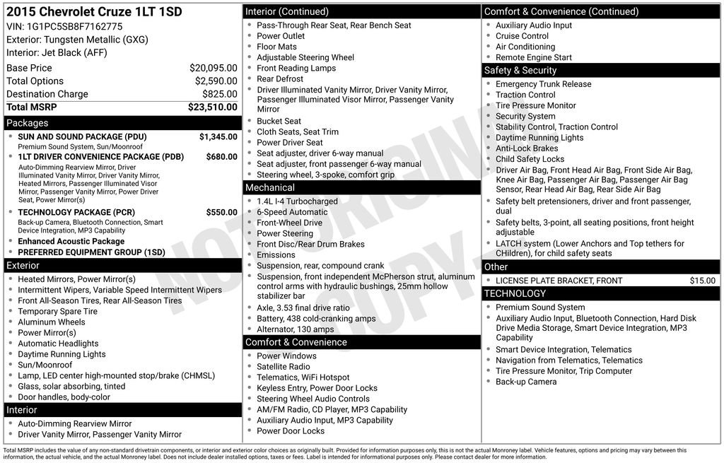 Used 2015 Chevrolet Cruze LT w/ Sun And Sound Package FWD image 19