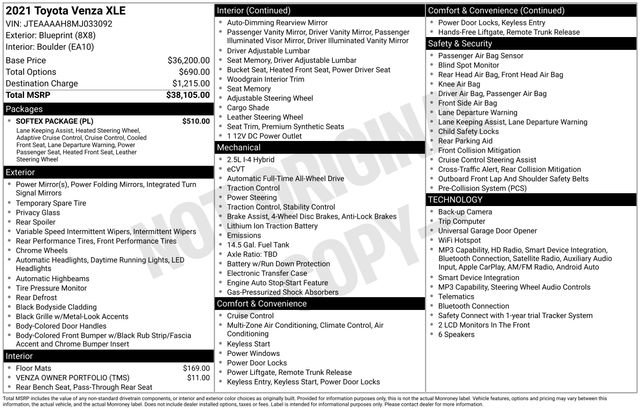 Used 2021 Toyota Venza XLE w/ Softex Package AWD/4WD image 13