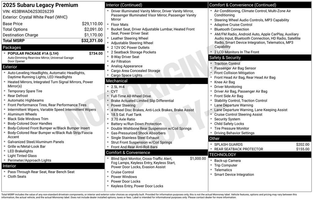 Certified 2025 Subaru Legacy Premium w/ Popular Package #1A image 7