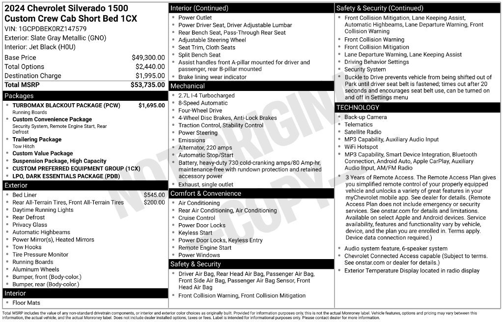 Used 2024 Chevrolet Silverado 1500 Custom w/ Turbomax Blackout Package AWD/4WD image 6
