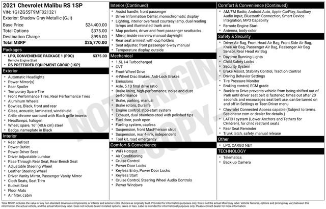 Used 2021 Chevrolet Malibu RS w/ LPO, Convenience Package 1 FWD image 23