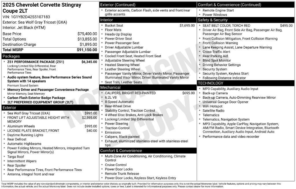 Used 2025 Chevrolet Corvette Stingray Preferred Cpe w/ Z51 Performance Package RWD image 3