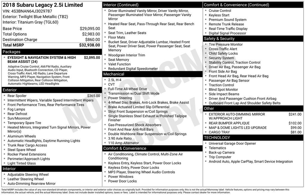 Used 2018 Subaru Legacy 2.5i Limited image 13