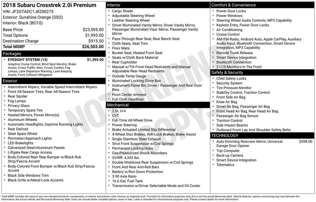Used 2018 Subaru Crosstrek 2.0i Premium w/ Eyesight System image 4