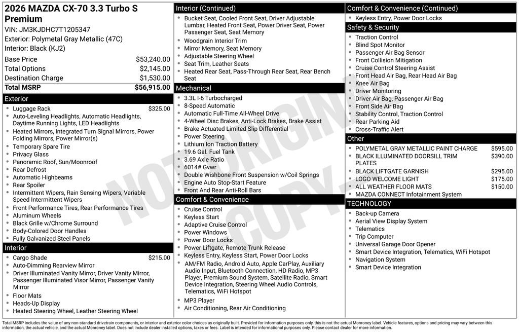 New 2026 MAZDA CX-70 3.3 Turbo S w/ Premium Package AWD/4WD image 3