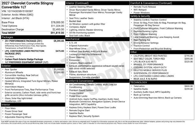 New 2027 Chevrolet Corvette Stingray Convertible w/ Z51 Performance Package RWD image 4