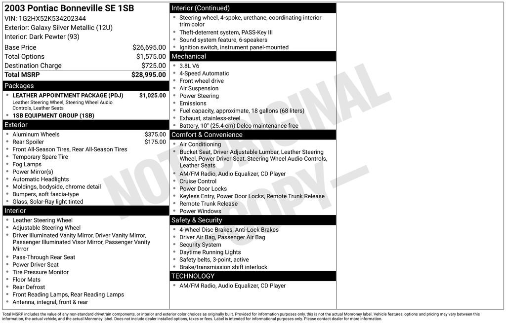 Used 2003 Pontiac Bonneville SE w/ Leather Appointment Package FWD image 35