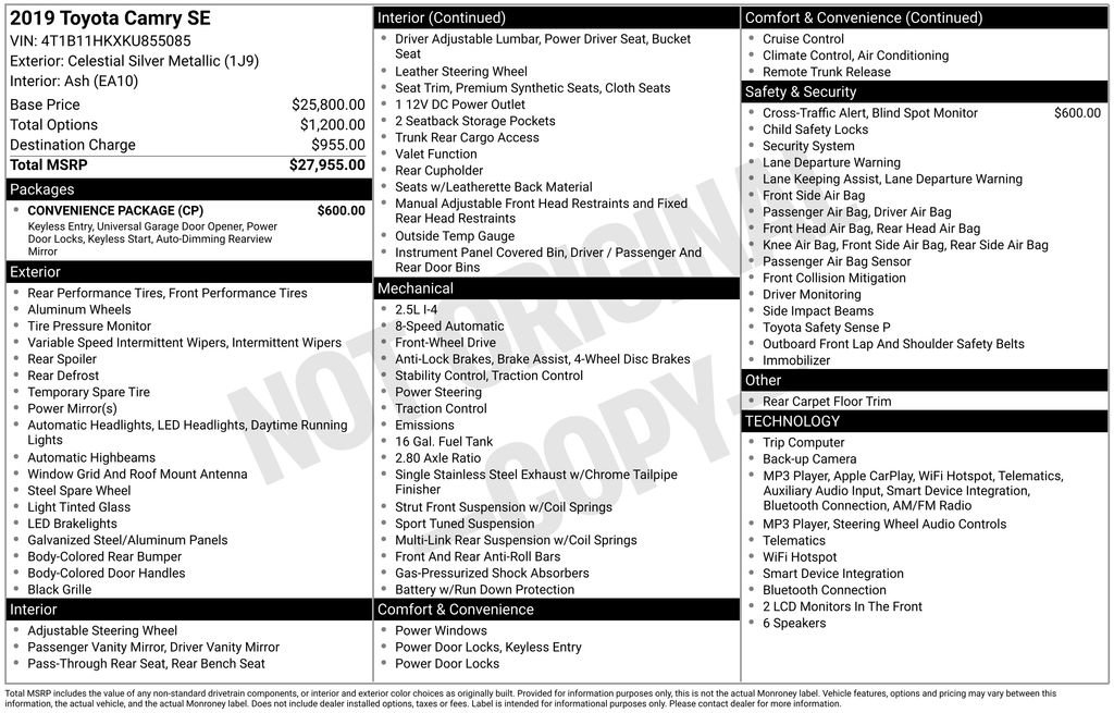Used 2019 Toyota Camry SE w/ Convenience Package FWD image 2