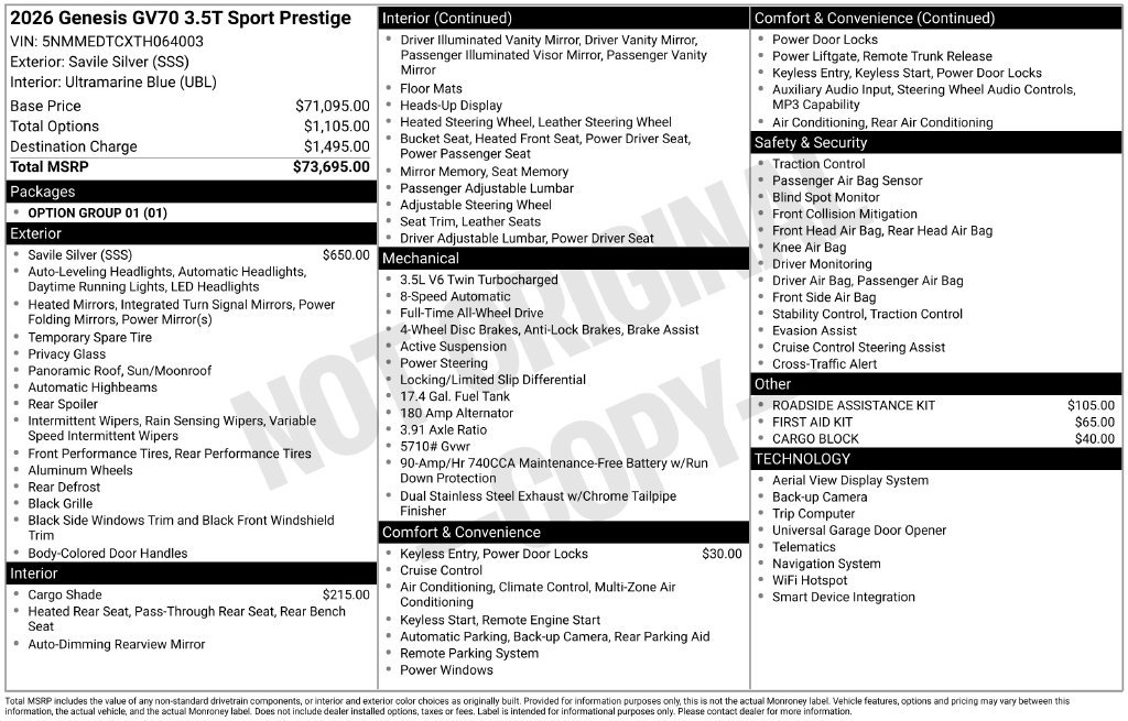 New 2026 Genesis GV70 3.5T Sport Prestige AWD/4WD image 8