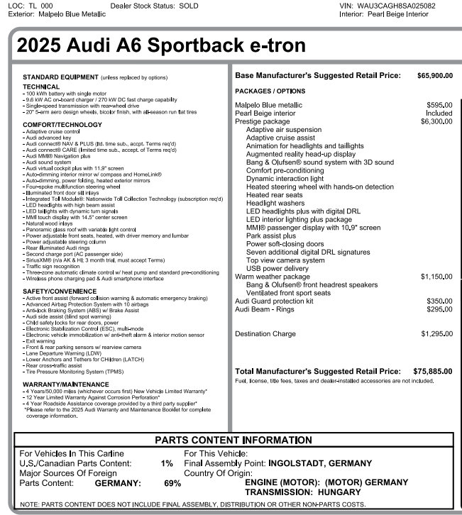 Used 2025 Audi A6 e-tron Prestige w/ Beige Warm Weather Package RWD image 2
