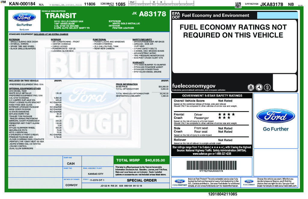 Certified 2018 Ford Transit 150 148 Low Roof w/ Premium Package RWD image 2