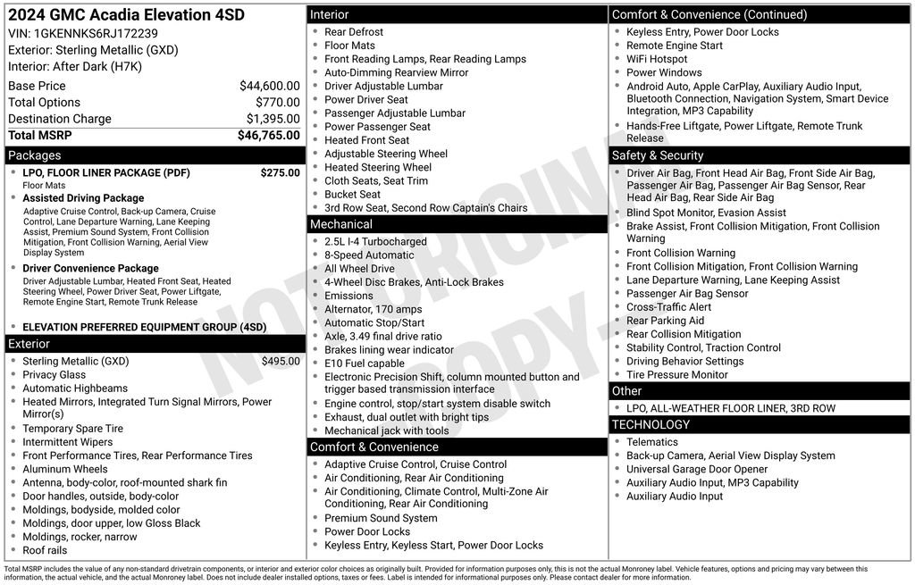 Used 2024 GMC Acadia Elevation w/ LPO, Floor Liner Package AWD/4WD image 12