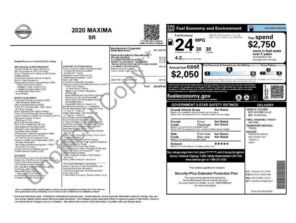 Used 2020 Nissan Maxima SR w/ Illumination Package FWD image 2