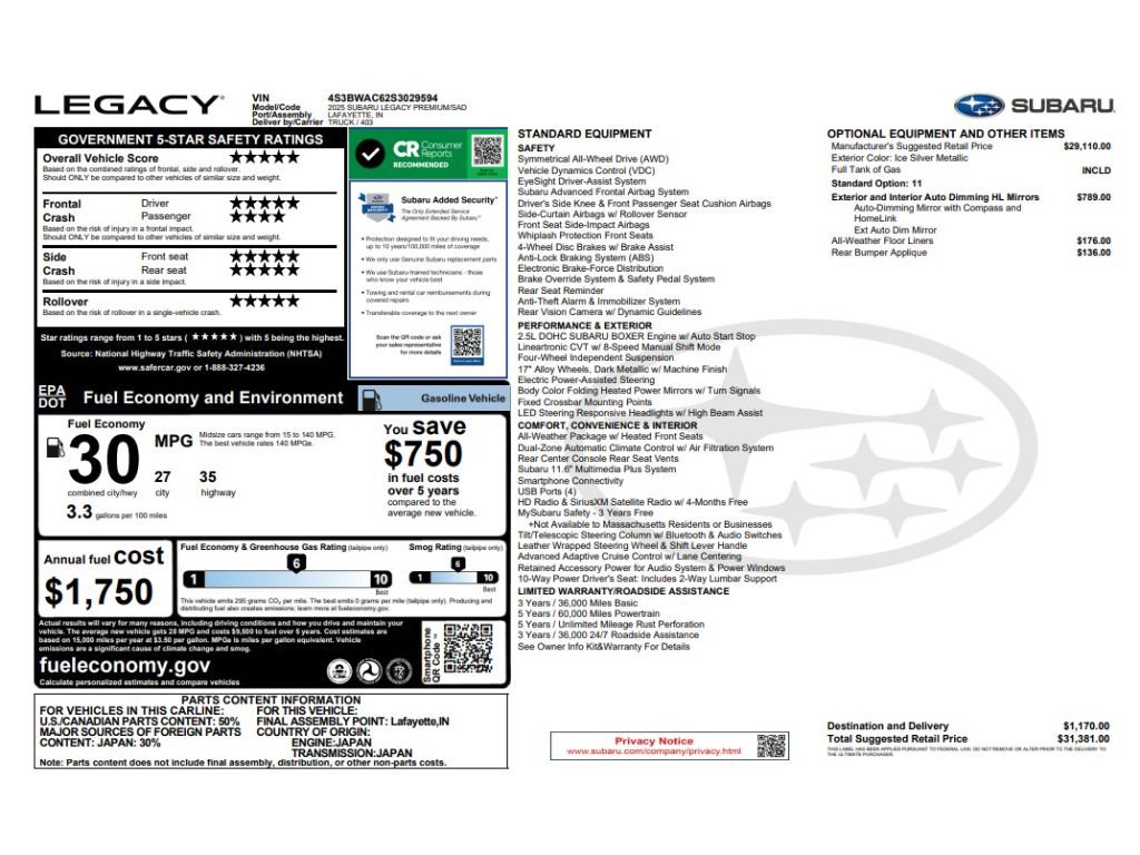 Used 2025 Subaru Legacy Premium AWD/4WD image 9