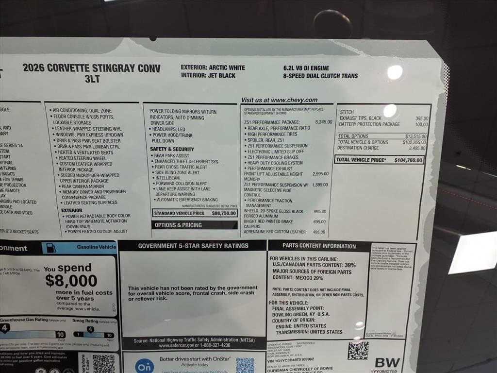 New 2026 Chevrolet Corvette Stingray Premium Conv w/ Z51 Performance Package image 31