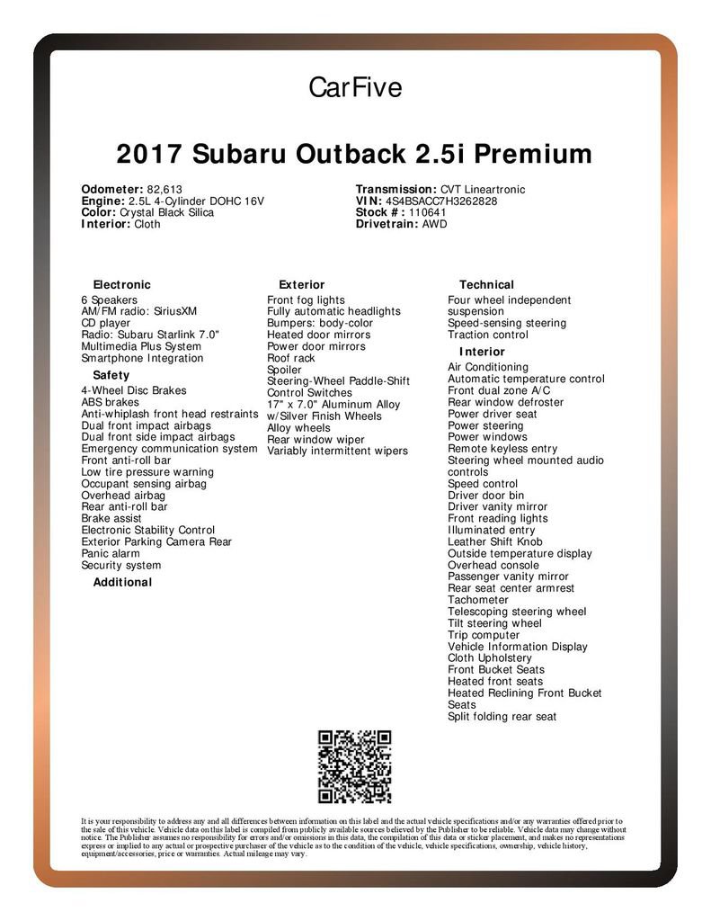 Used 2017 Subaru Outback 2.5i Premium AWD/4WD image 27
