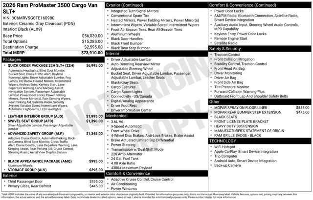 New 2026 RAM ProMaster 3500 w/ Quick Order Package 22H SLT+ image 17