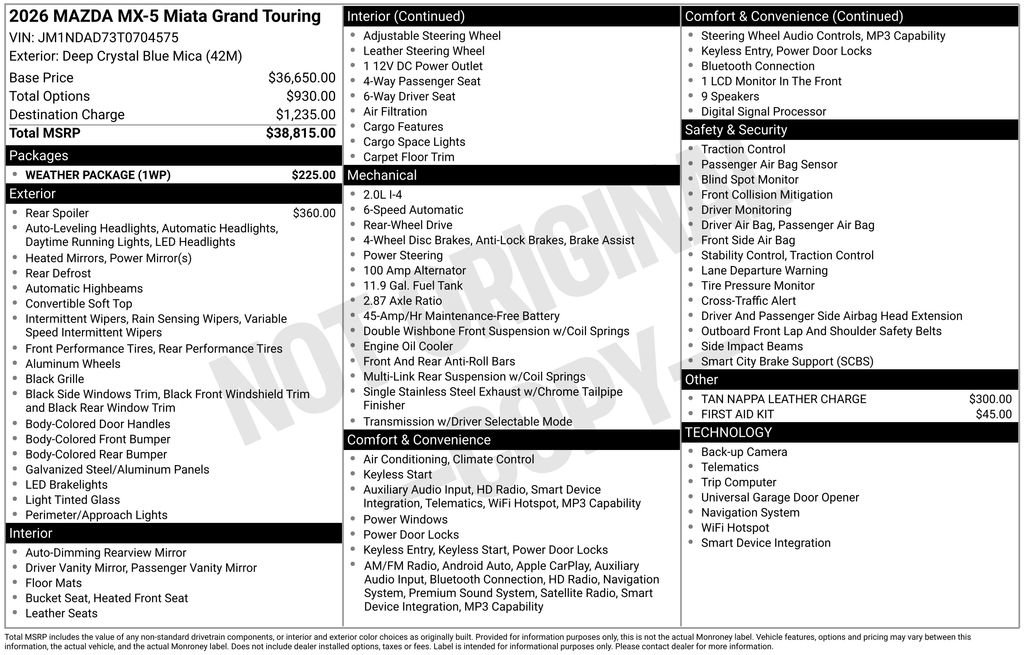 New 2026 MAZDA MX-5 Miata Grand Touring w/ Weather Package RWD image 10