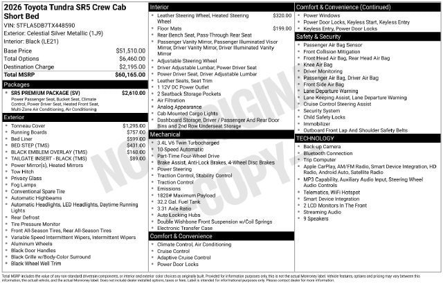 New 2026 Toyota Tundra SR5 w/ SR5 Premium Package