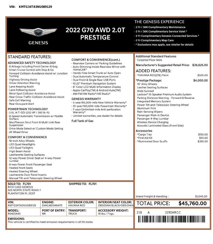 Used 2022 Genesis G70 2.0T w/ Prestige Package image 2