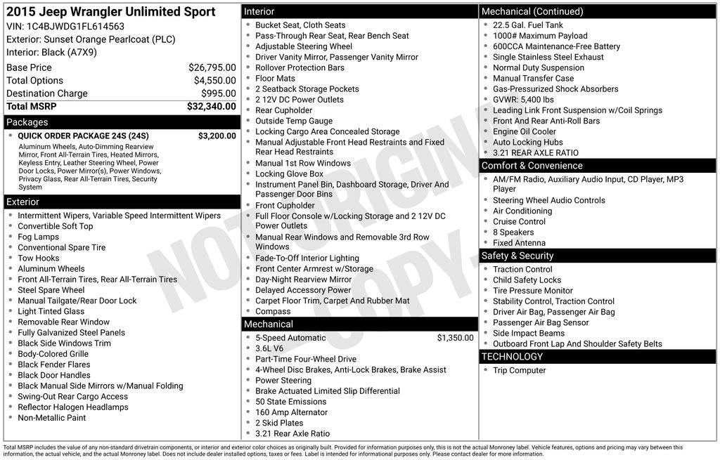 Used 2015 Jeep Wrangler Unlimited Sport w/ Quick Order Package 24S AWD/4WD image 7