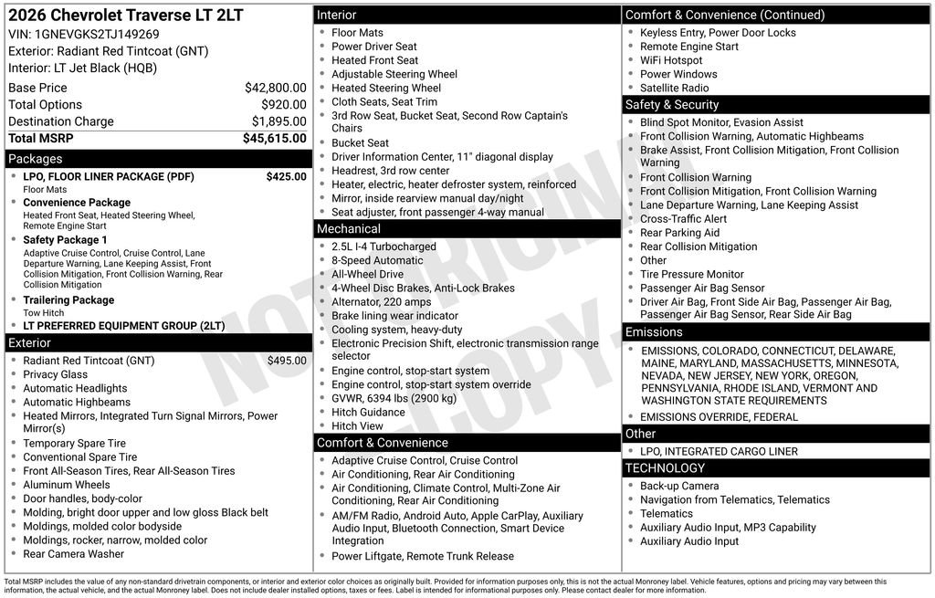 New 2026 Chevrolet Traverse LT w/ LPO, Floor Liner Package image 4