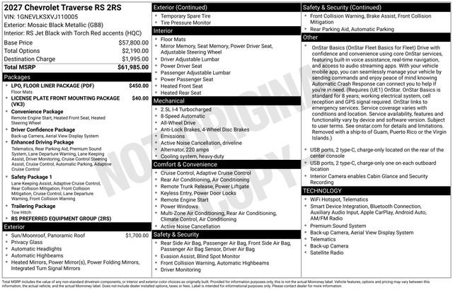 New 2027 Chevrolet Traverse RS w/ LPO, Floor Liner Package AWD/4WD image 2