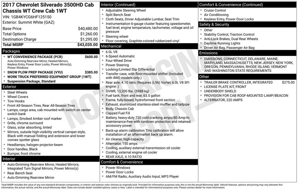 Used 2017 Chevrolet Silverado 3500 W/T w/ WT Convenience Package image 15