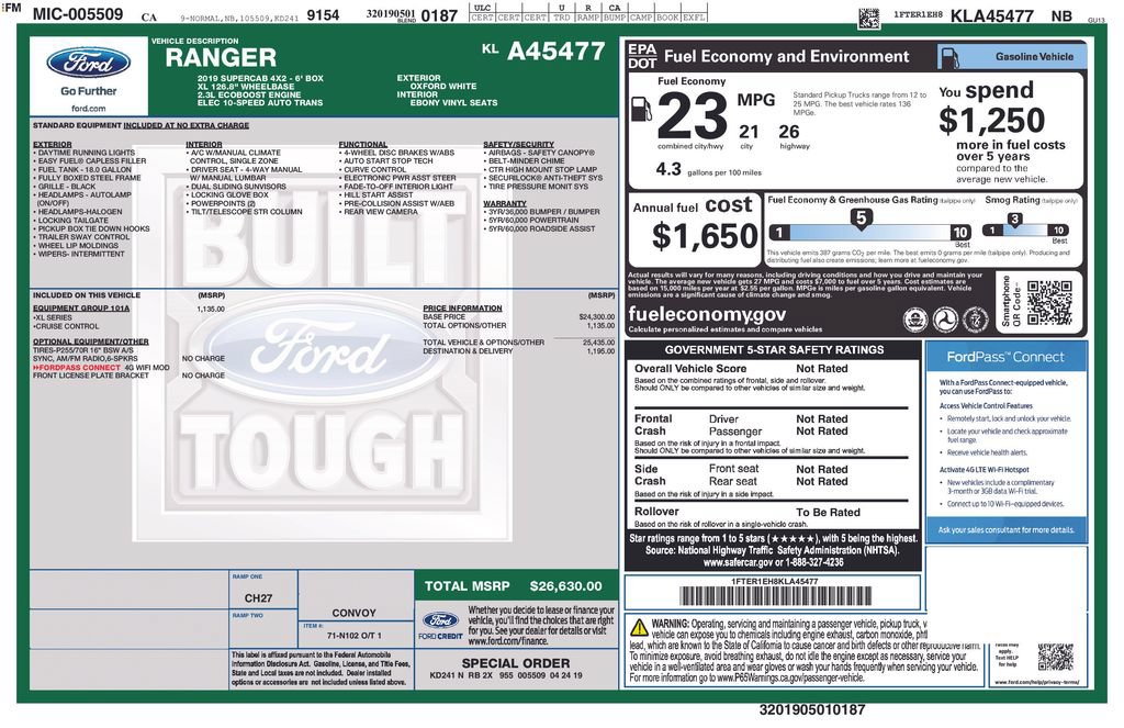 Certified 2019 Ford Ranger XL w/ Equipment Group 101A Mid RWD image 3