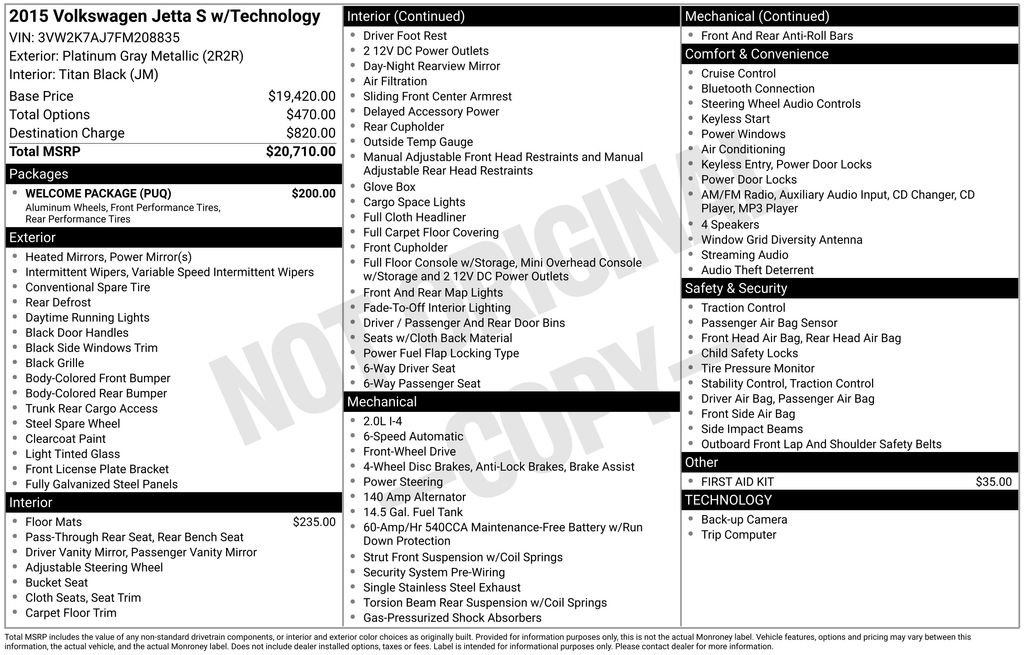 Used 2015 Volkswagen Jetta S w/ Welcome Package image 2