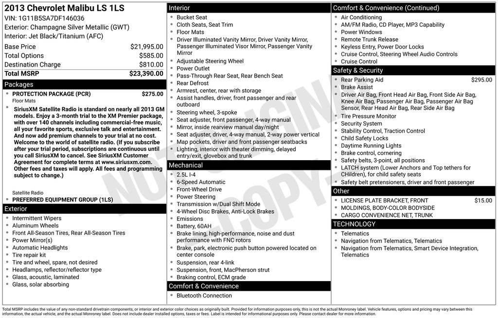 Used 2013 Chevrolet Malibu LS w/ Protection Package image 3